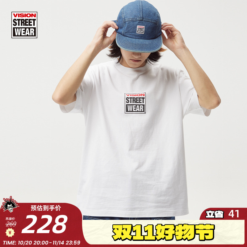 VISION 经典复古LOGO印花潮流短袖T恤休闲户外宽松白色圆领半袖