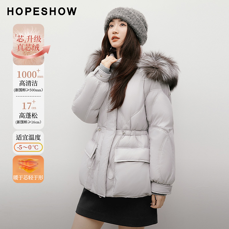 红袖2025冬季新款女装 银狐毛领连帽抽绳一手长羽绒服90125450901