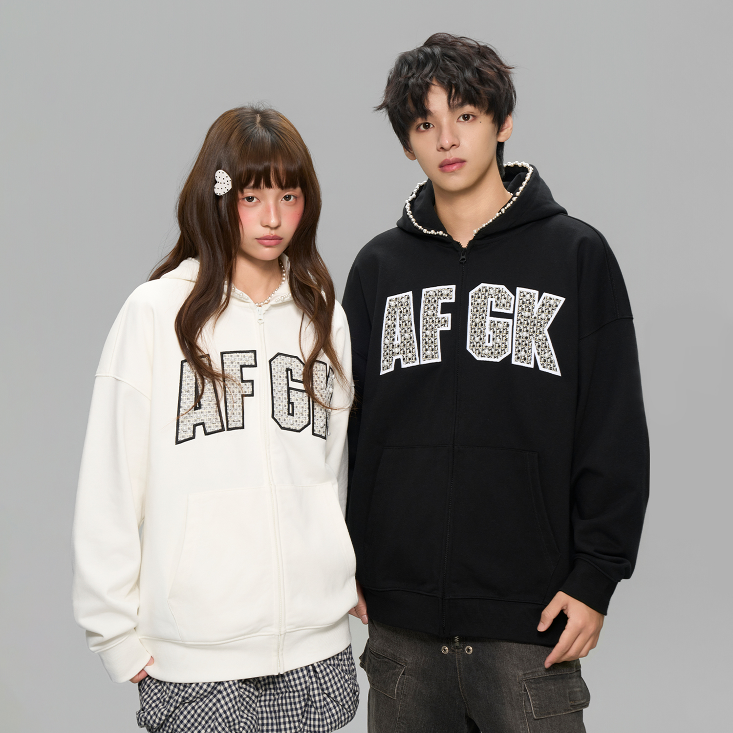 AFGK25FW小香风珍珠贴布绣开衫情侣休闲拉链帽衫男女百搭卫衣