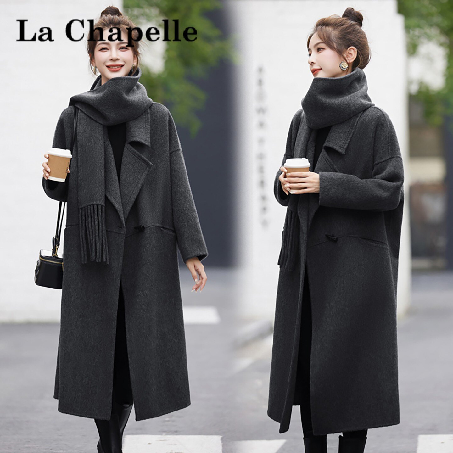 拉夏贝尔绵羊毛厚款保暖大衣毛呢外套呢子秋冬服饰英伦风女装长款