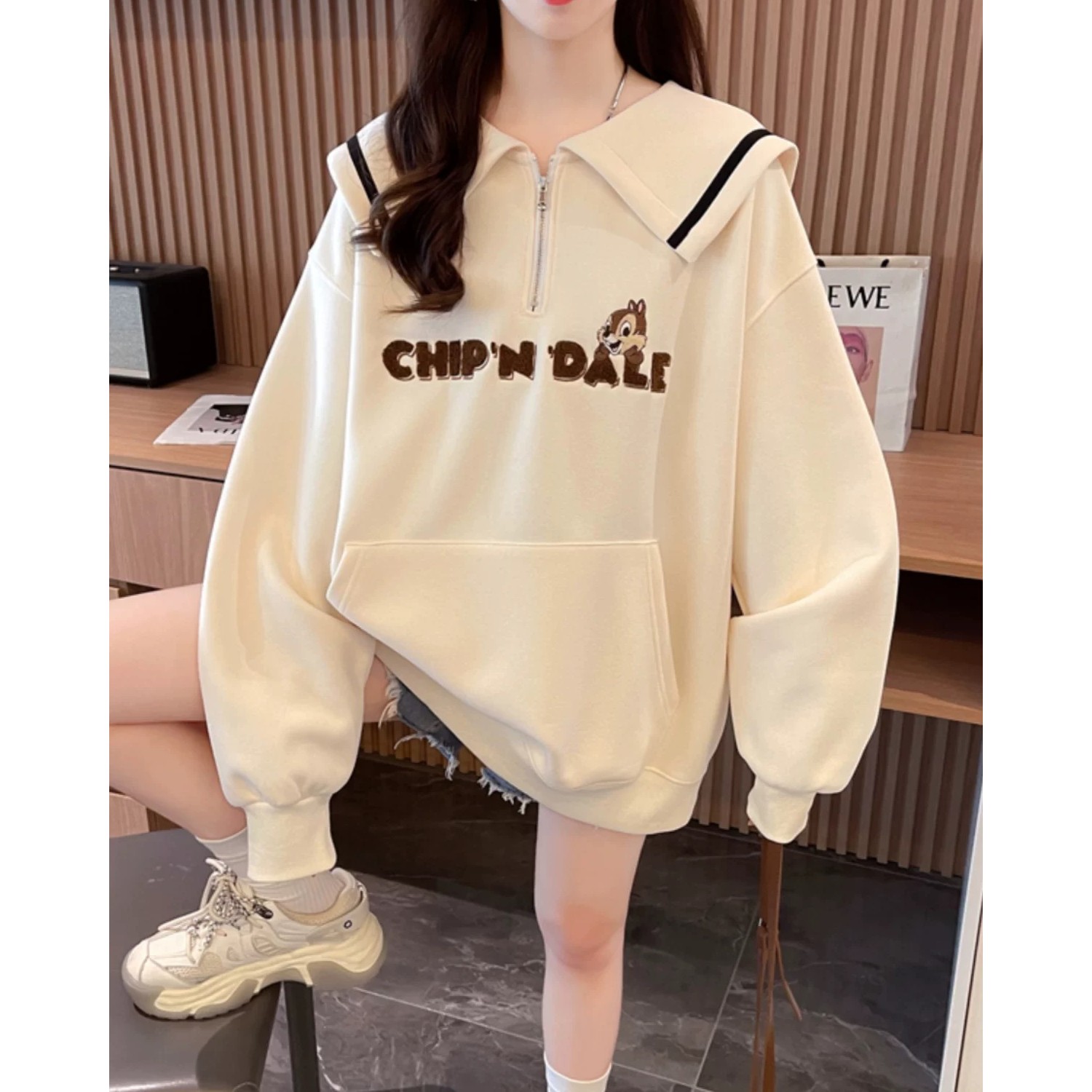 孕妇海军领卡通卫衣春秋新款2025胖m大码洋气减龄中长款上衣57052