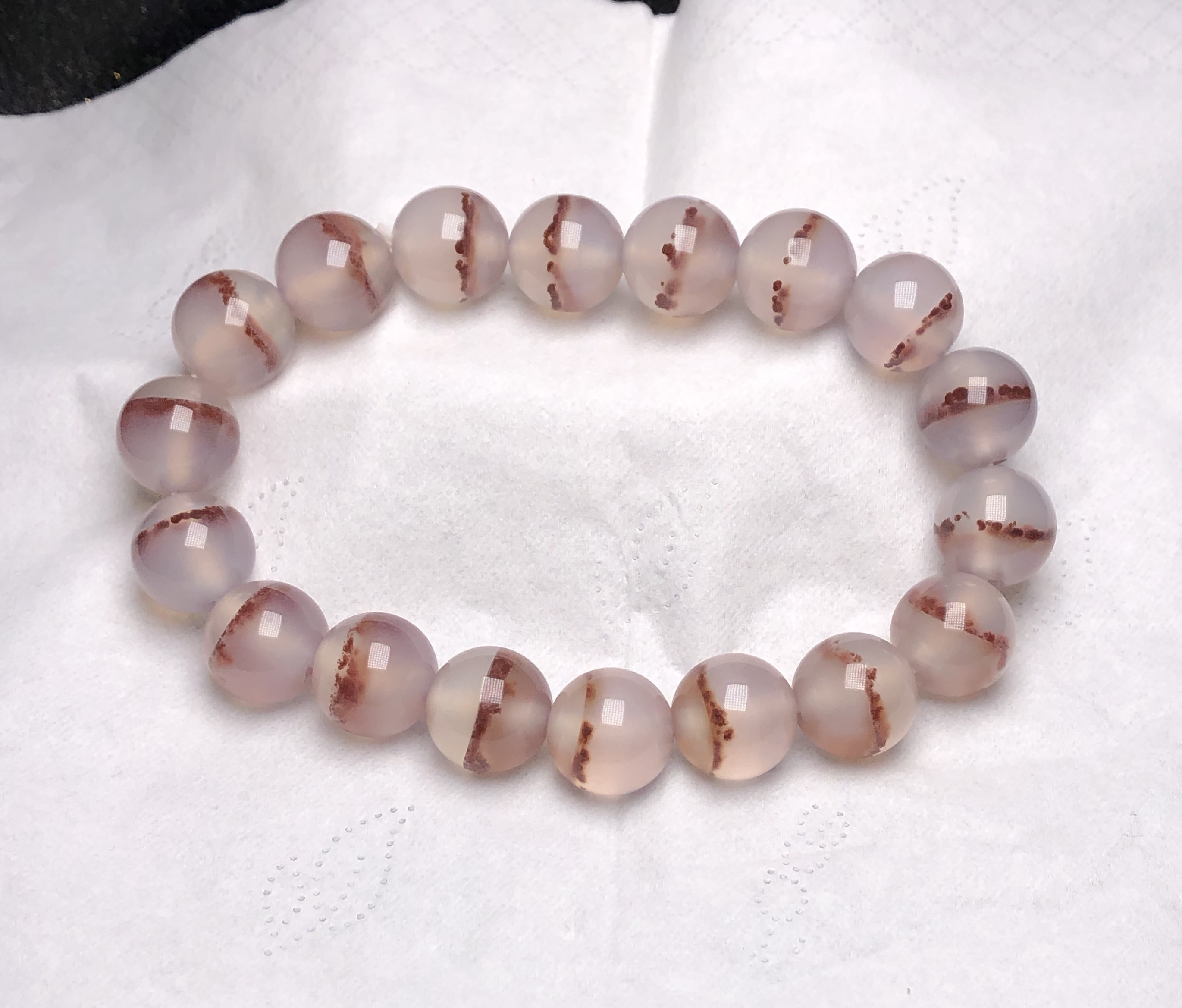 天然玛瑙玉髓玉石红色风景刺景一线白冰底冰种圆珠手串男女款饰品