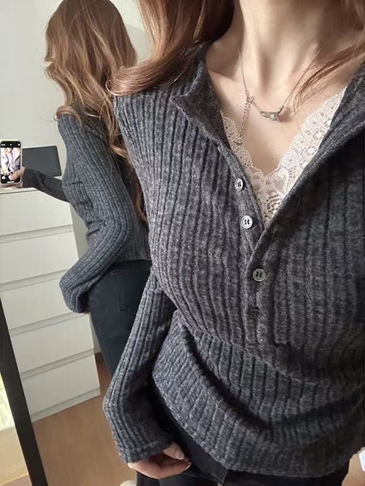 胖mm秋冬气质蕾丝V领假两件显瘦遮肉针织打底上衣正肩长袖10011