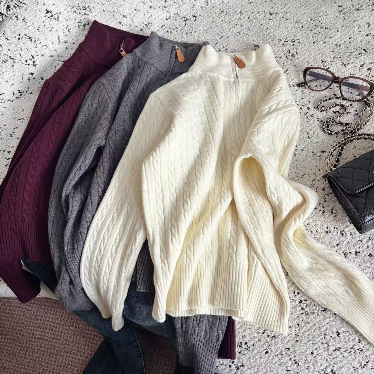 秋冬麻花休闲半拉链翻领毛衣小个子套头韩系针织上衣251105