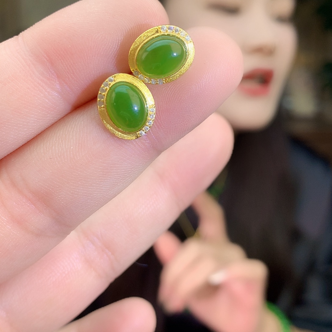 吊坠(不含链)银S925镶嵌和田玉（碧玉）耳饰
