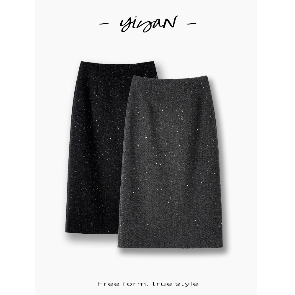 新款秋冬亮片毛呢裙中长款+短款A版显瘦星空闪片半身裙气质设计感