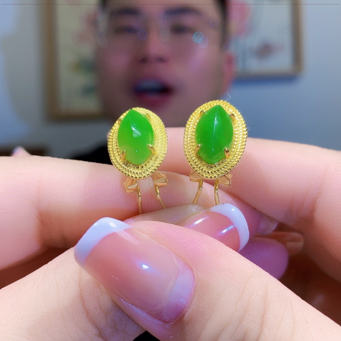 和田玉（碧玉）耳饰银S925镀金镶嵌