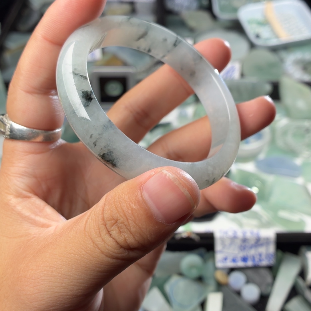 定制翡翠未镶嵌天然缅甸翡翠a货高糯化藓花56.6手镯