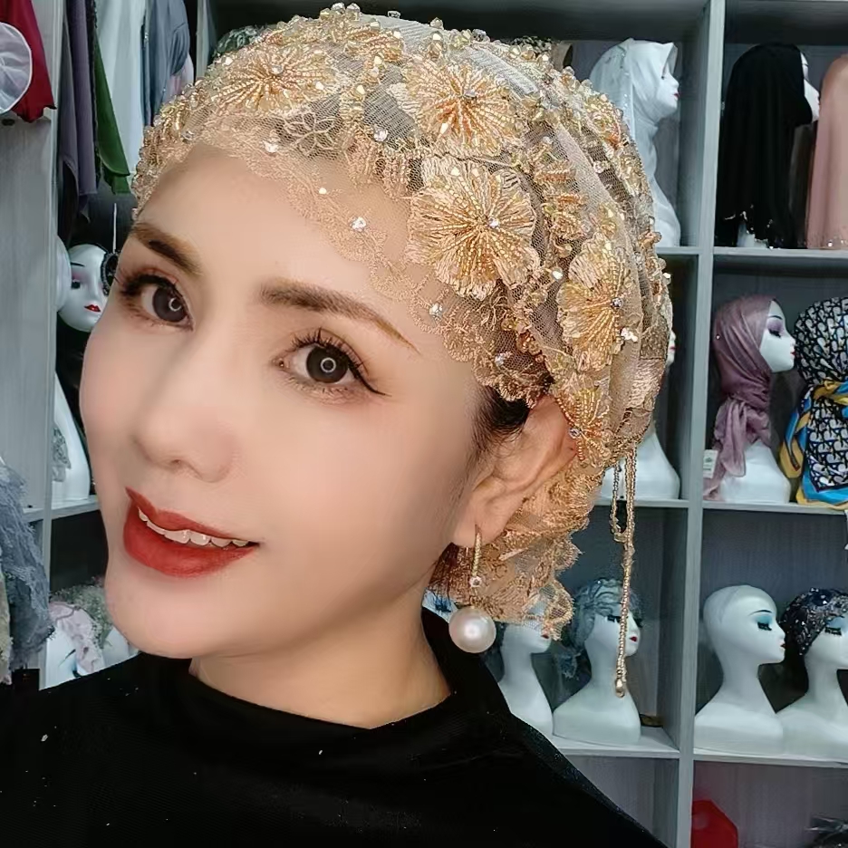 波浪花水晶流苏鱼尾帽网红帽子包头帽镂空头巾