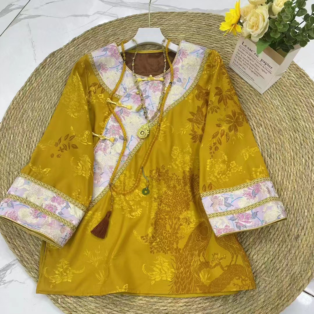 新中式大码女装2025秋季新款国风高品质锦缎提花拼接长袖衬衫上衣