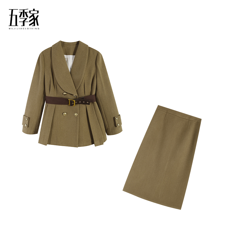 五季家大码冬季新款复古咖色羽绒上衣+咖色长半裙两件套ZL115090