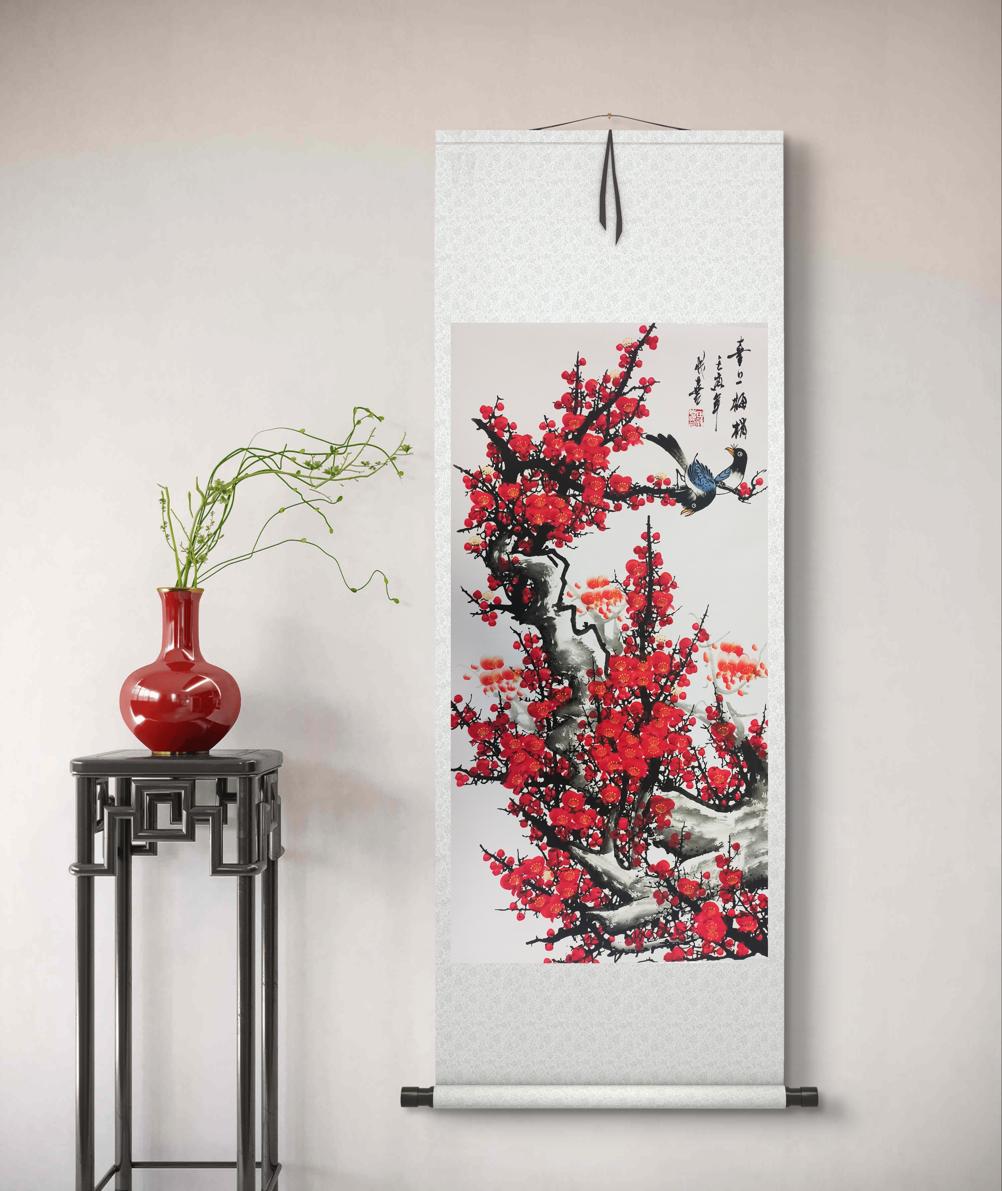 《喜上梅梢》玄关挂画字画墙壁风景油画艺术现代油画装饰画竖72*175