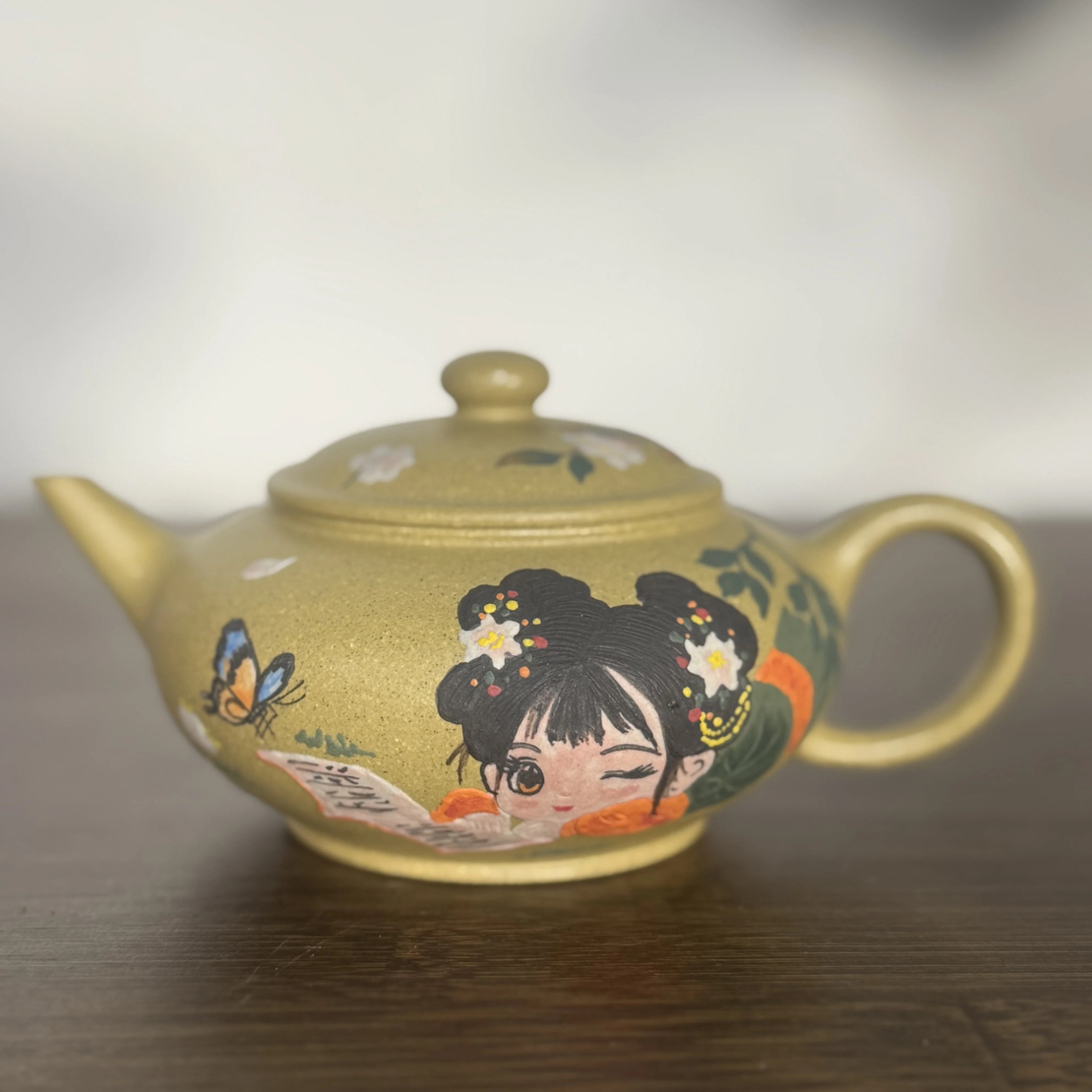 宜兴紫砂壶全手工原矿本山绿泥文人小品薄胚泥绘人物扁水平180CC