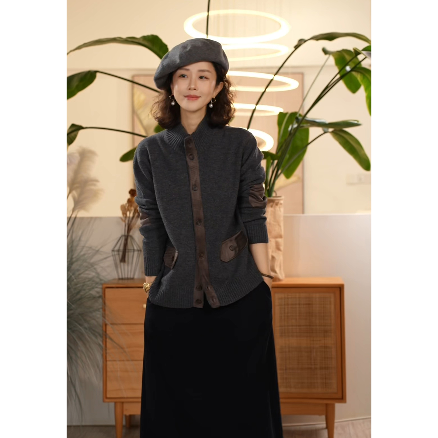 Y【叭哒不惑】映辉 绵羊毛女立领衫排扣圆领女士拼接口袋灰开衫