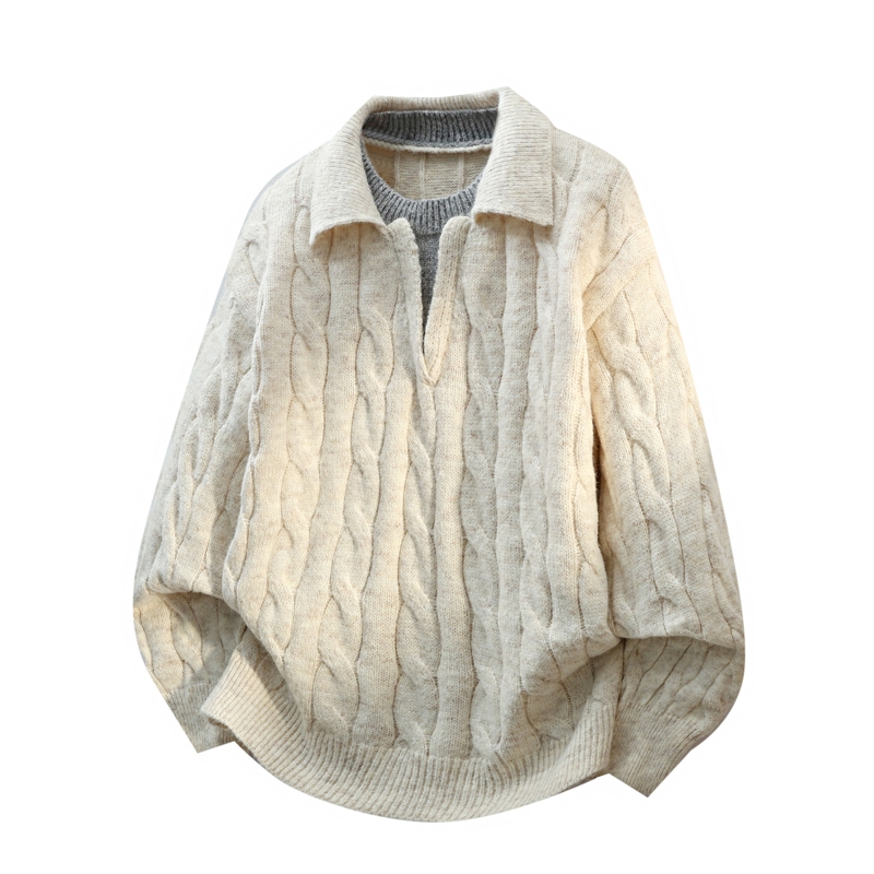 啄木鸟男士毛衣男款秋冬季假两件针织衫翻领复古宽松休闲毛线衣