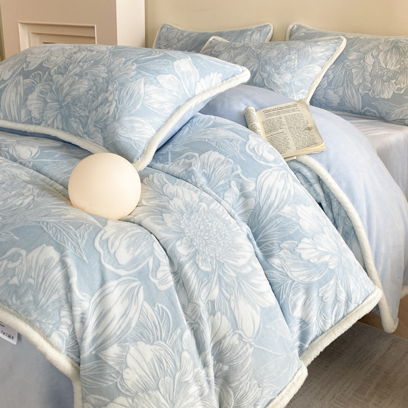 冬季加厚保暖牛奶绒四件套5D立体雕花双面绒冬季床品防寒防静电