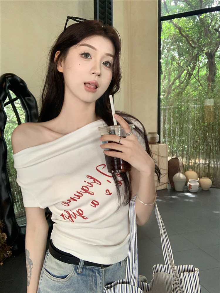 Life短袖T恤女装夏季欧美甜辣妹设计感修身短款露肩上衣ins潮