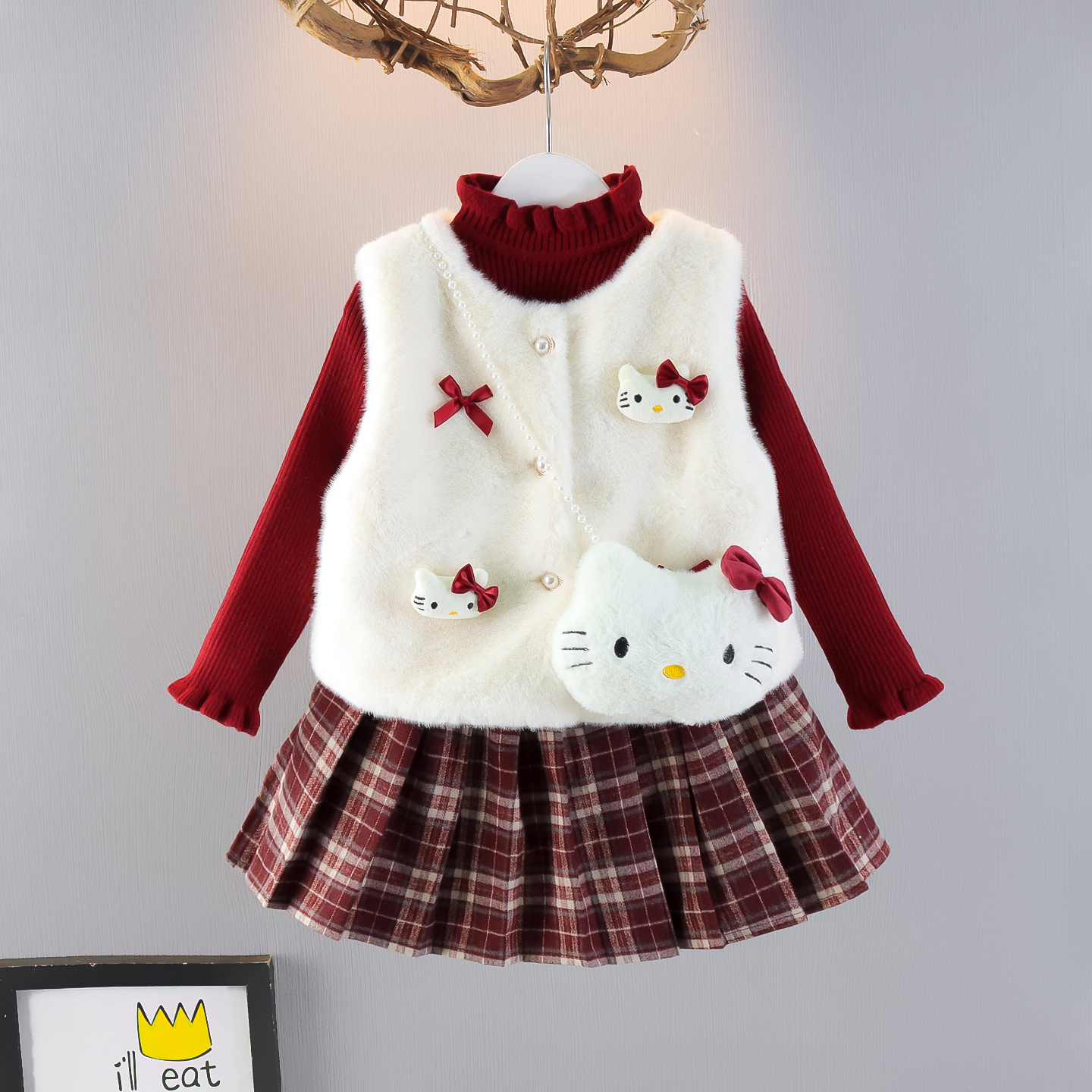 女童秋冬装洋气套装宝宝毛毛马甲加绒半身裙毛衣三件套新年拜年服