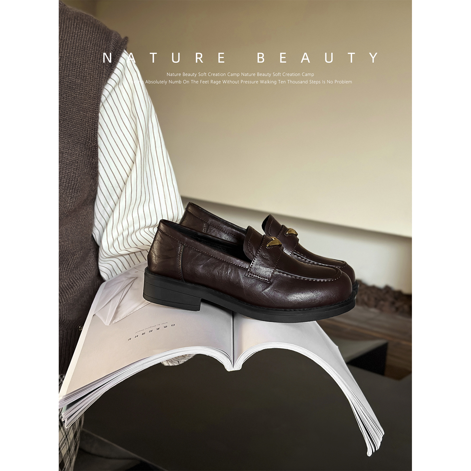 自然卷褶皱复古一脚蹬乐福鞋女粗跟厚底通勤单鞋百搭英伦风小皮鞋