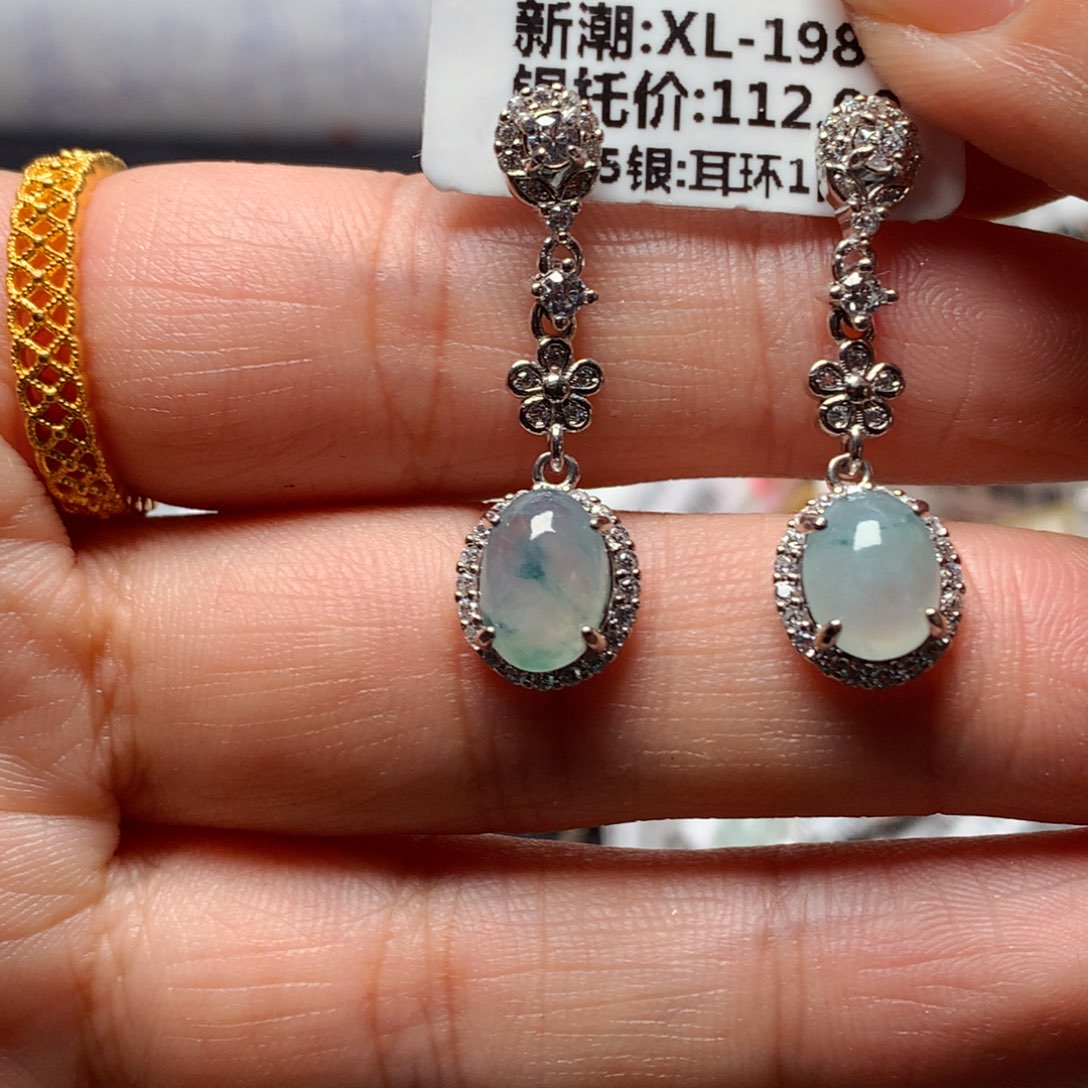 翡翠戒指银S925镶嵌天然翡翠耳饰