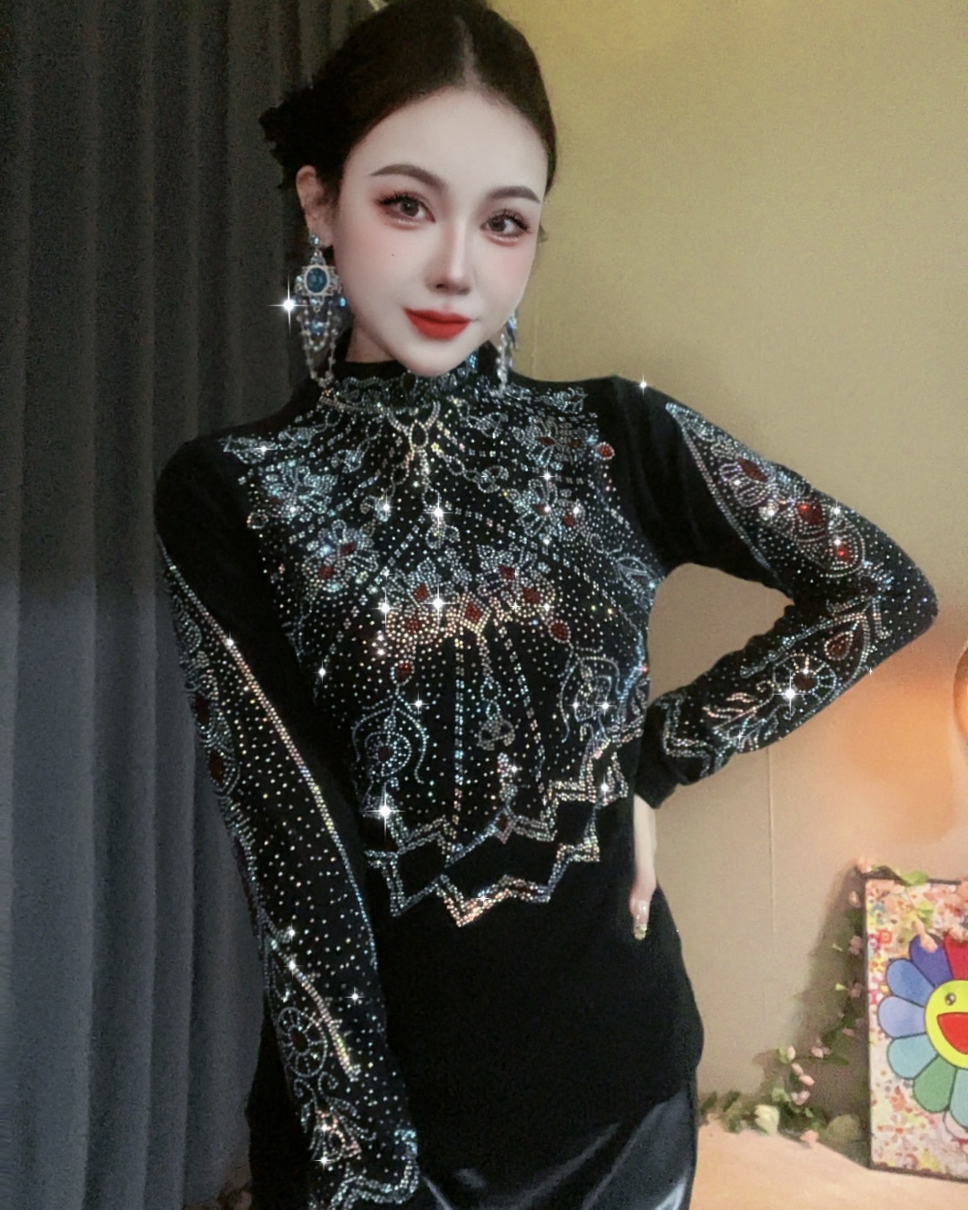 【网红爆款810#双色加绒】打底衫女内搭秋冬时尚烫钻上衣修身显瘦