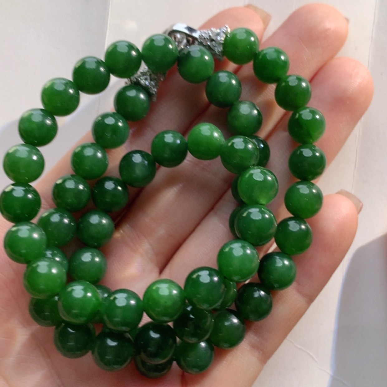 【闪购商品】和田玉（碧玉）手串银S925镶嵌碧玉多圈手串