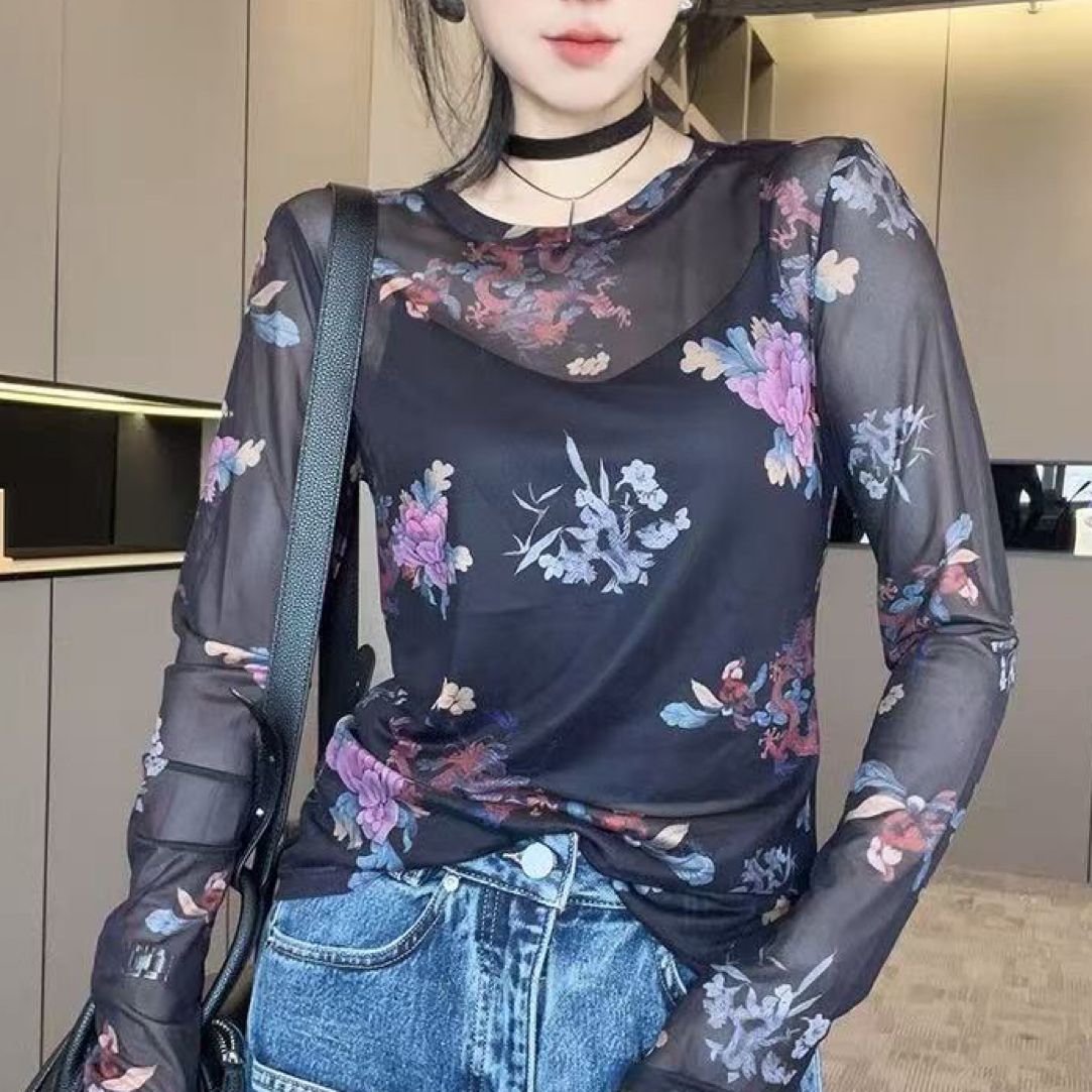 长袖印花圆领植物花卉丹宁风T恤夏季打底衫ins修身