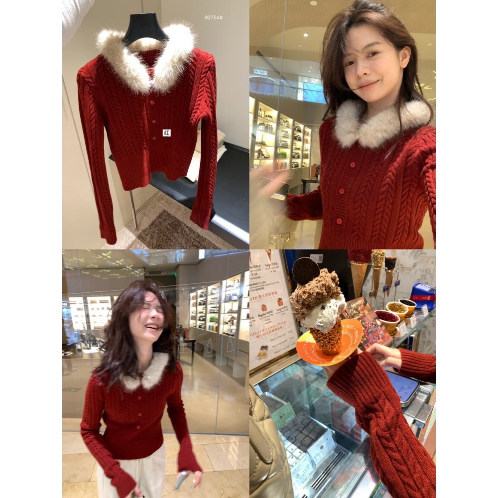 纯欲小撩精   法式复古可拆卸毛毛领麻花毛衣针织衫女冬季短上衣