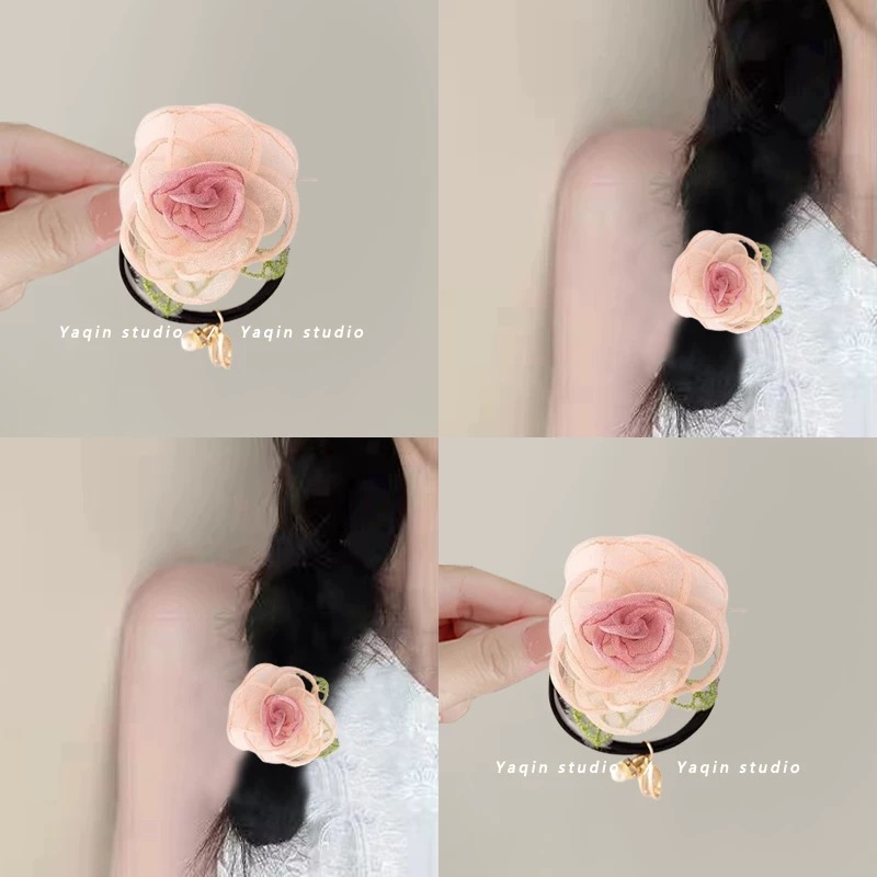 可爱玫瑰！欧根纱玫瑰花朵发圈！发绳气质头绳少女简约扎发头饰女