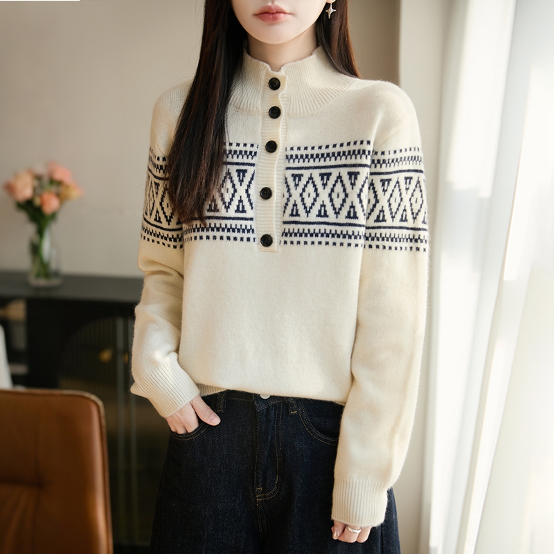 时尚品牌复古费尔岛提花长袖针织衫气质半高领羊毛衫上衣冬
