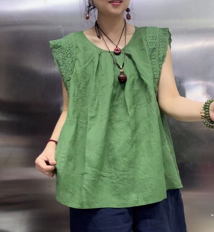 花边袖苎麻韩系上衣011106