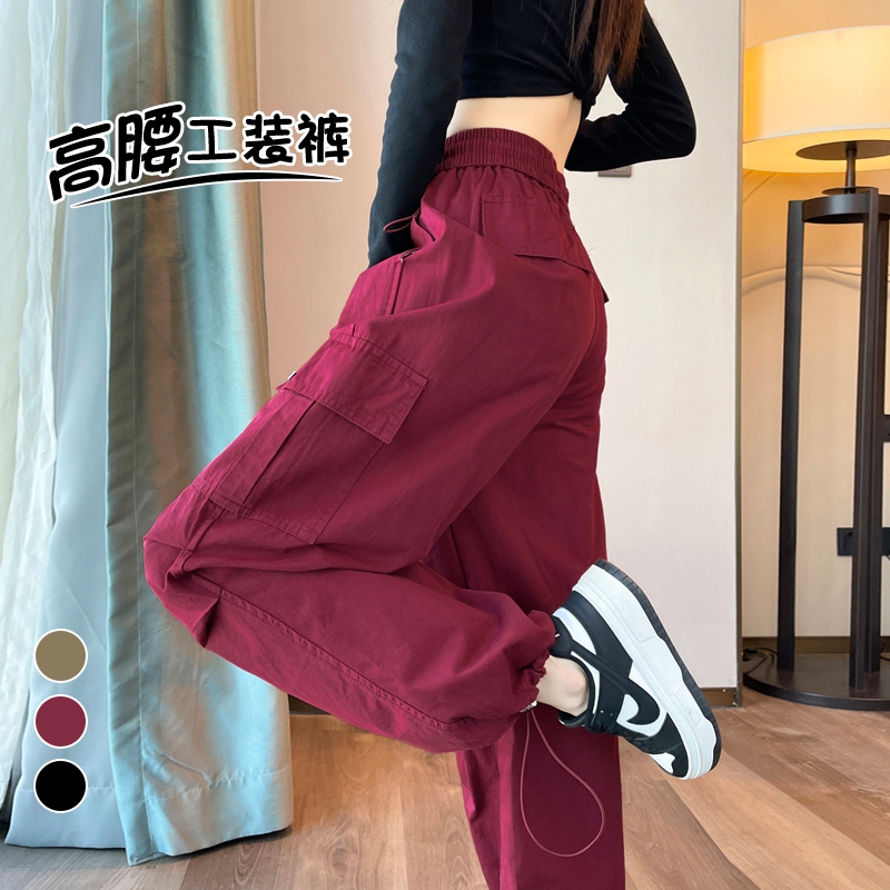实拍现货工装裤女2025秋季高腰哈伦束脚阔腿两穿洗水棉运动裤