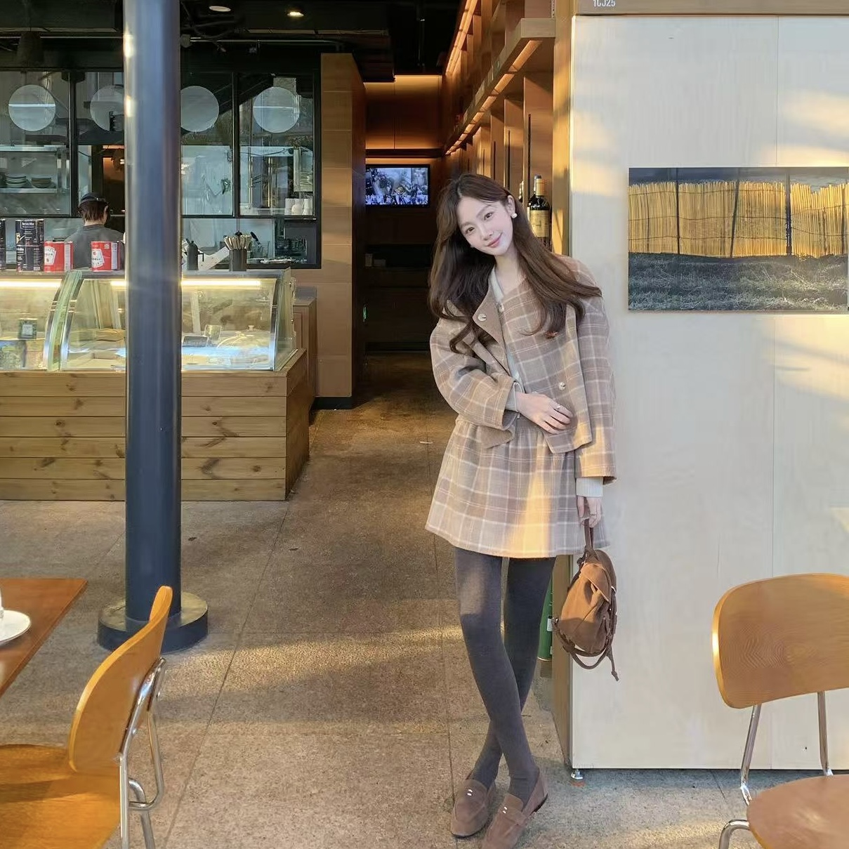 【ART ME】 3姐  湖岸画家 奶咖色格纹羊毛套装S5016