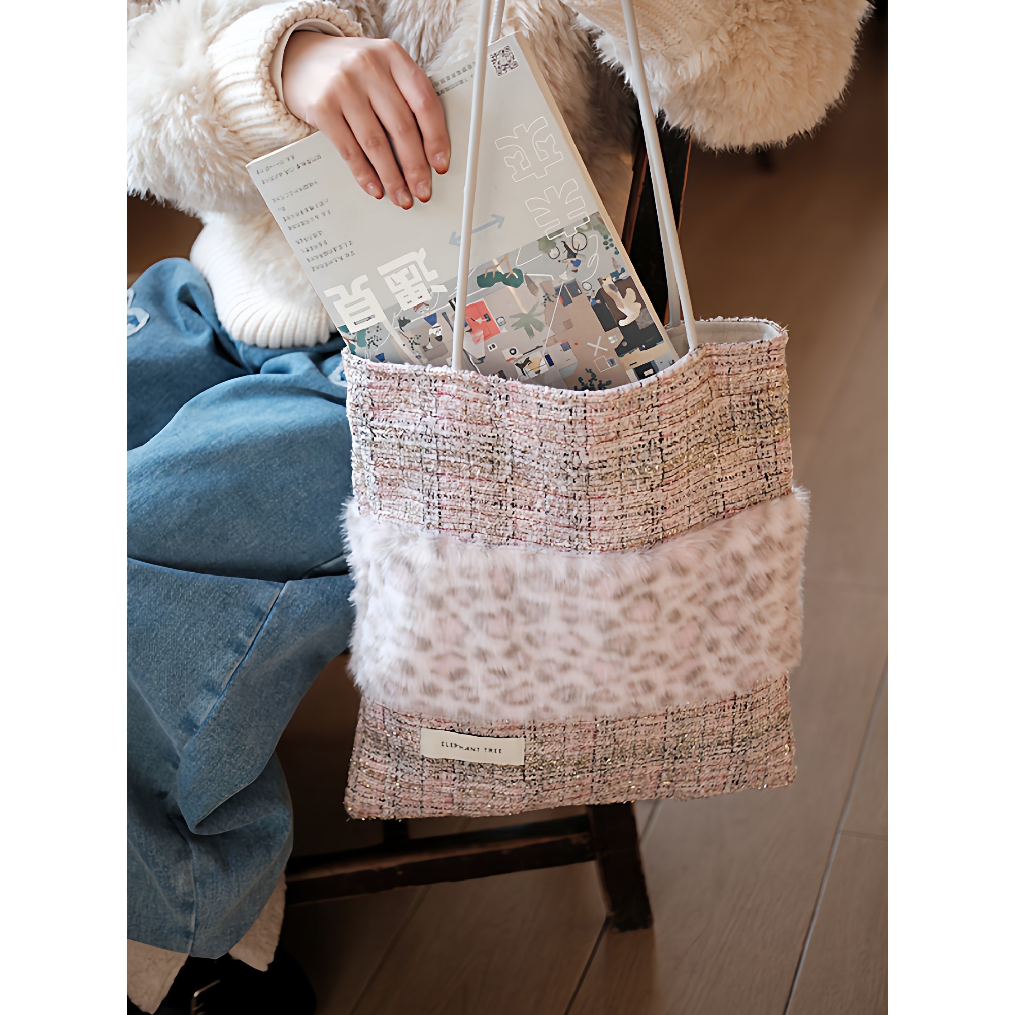 小众气质粉豹纹毛毛单肩百搭帆布包通勤大容量小众包包礼物