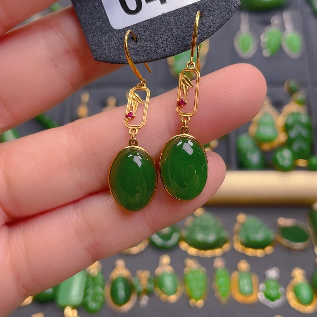 和田玉耳饰18K金镶嵌040