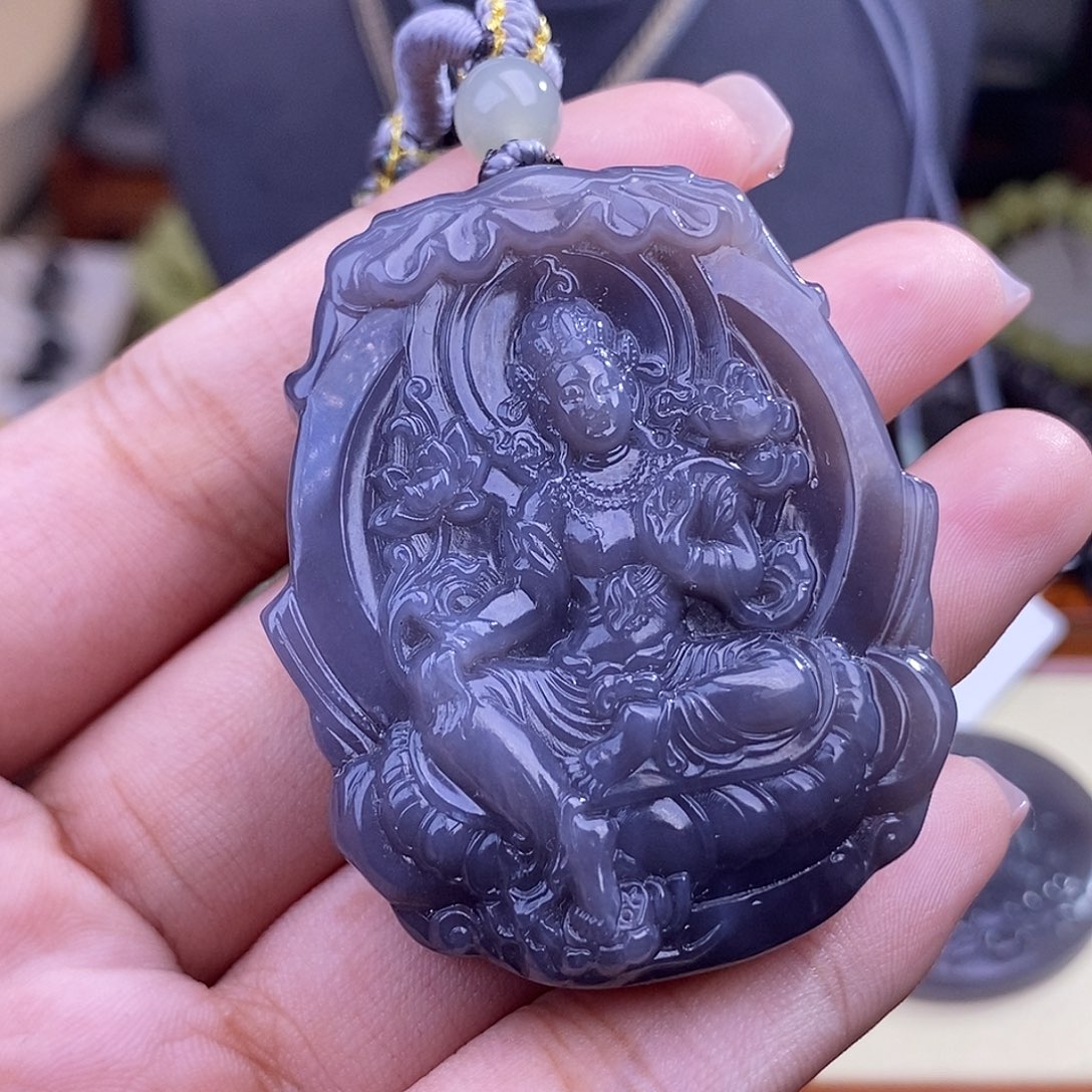 和田玉清货价浓烟紫度母观音未镶嵌