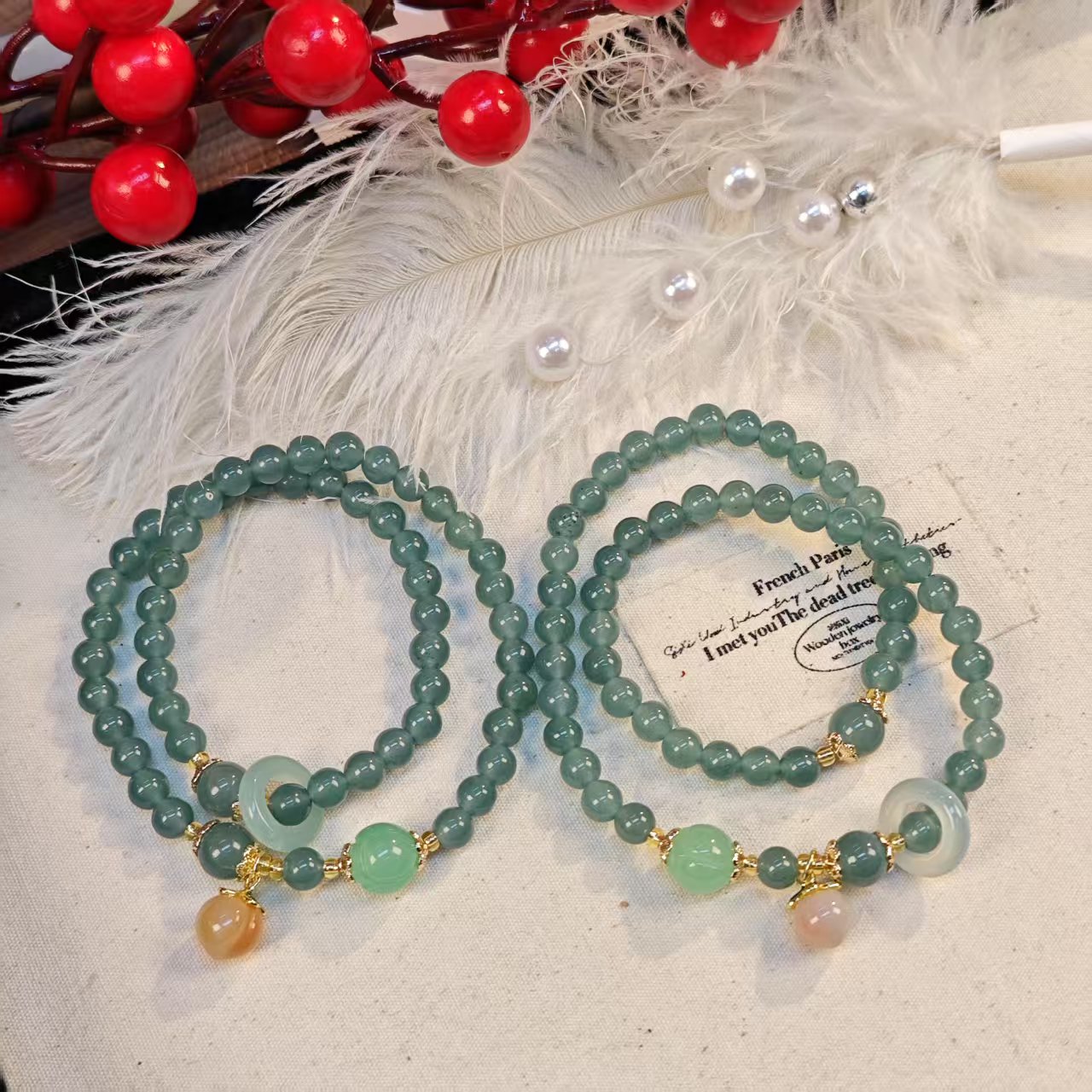 DX11蓝水翡翠盐源桃子双圈手链6+