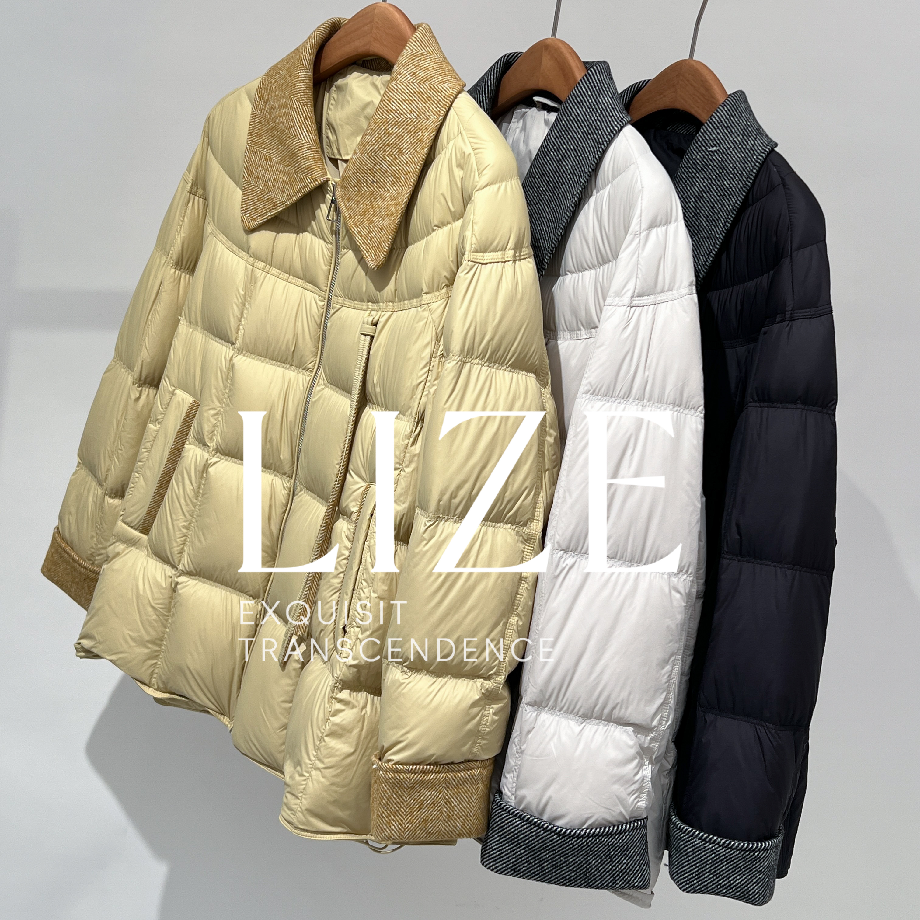 LIZE「L0920」定纺绵羊毛毛呢拼接.保暖超轻.翻领羽绒服