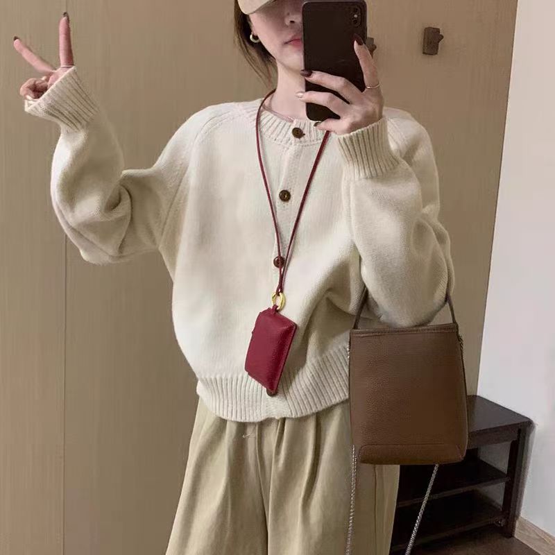 2025秋冬季新款韩系复古圆领单排纽扣毛衣女款小个子短款针织开衫