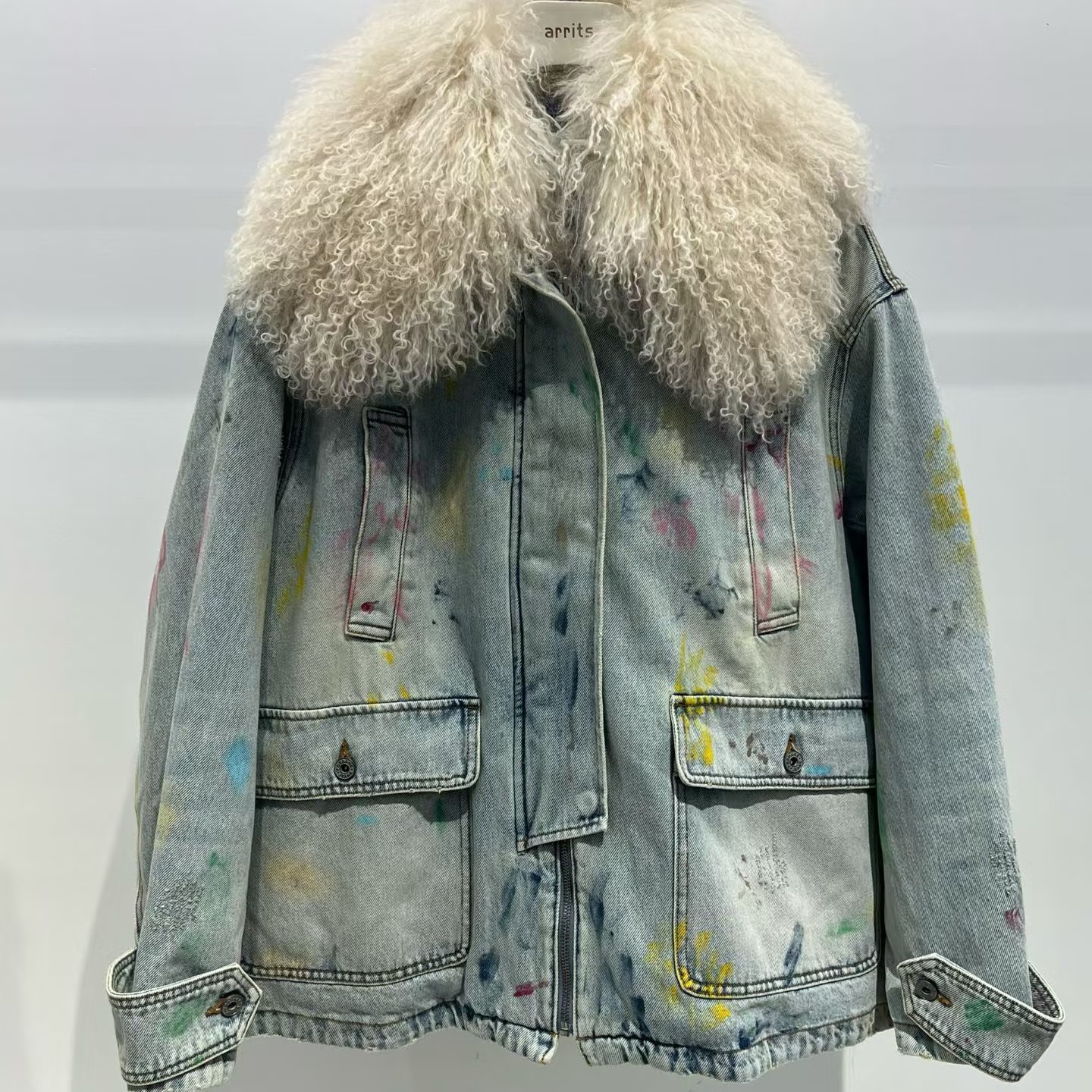 彩色涂鸦毛领工装棉服外套女款短款冬季百搭现货大毛领涂鸦牛仔