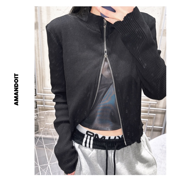 4800丨立领拉链褶皱修身短款外套