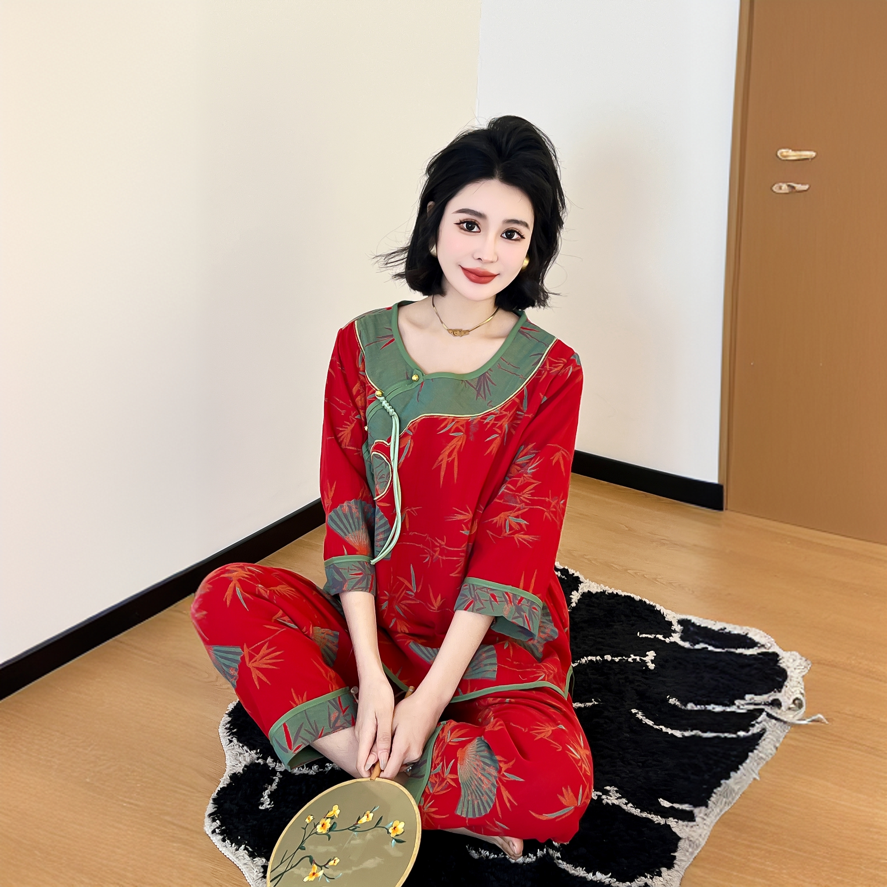 春季新款双层纱全棉新中式女长袖保暖古典时尚显瘦复古家居服1176