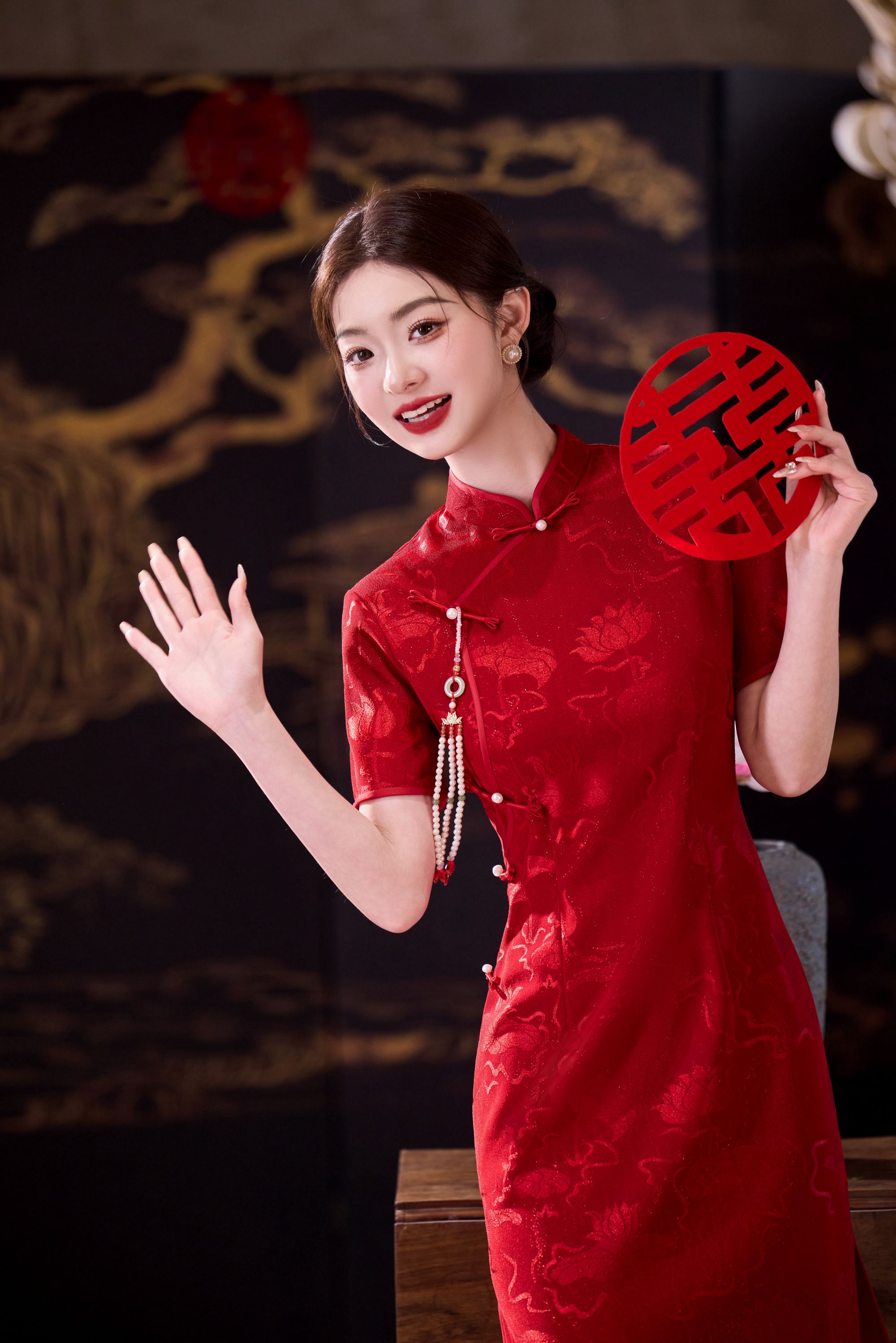 斜襟酒红色中长裙短袖短旗袍旗袍日常短款中式婚礼夏季修身