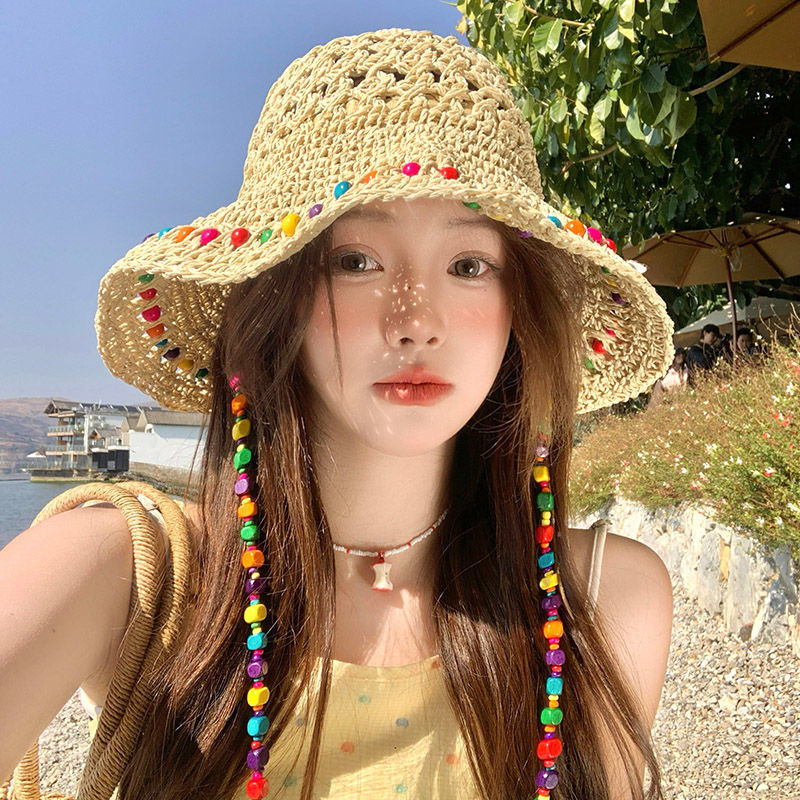 2025新款彩色多巴胺泫雅风编织草帽女海边拍照大帽檐渔夫帽子