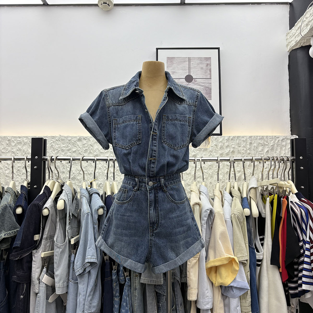 H7072百搭复古牛仔短袖女夏季新款气质水洗宽松连体短裤时尚休闲