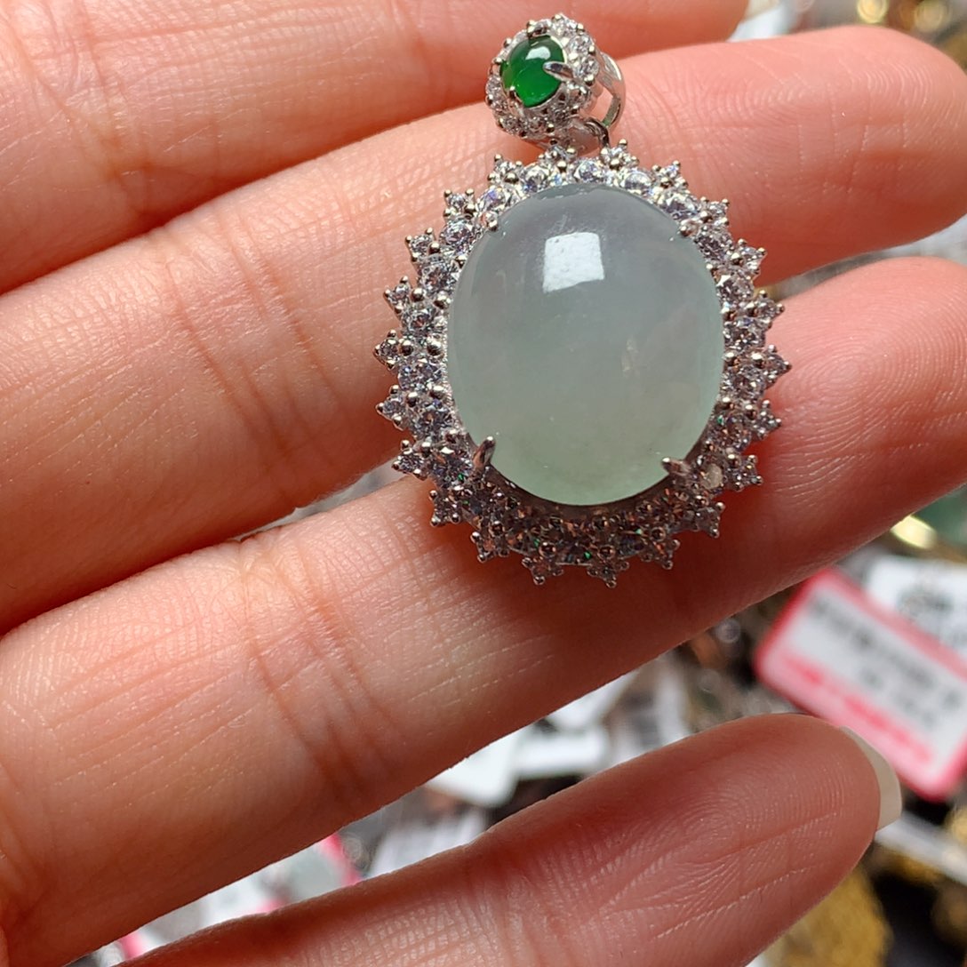 翡翠戒指银S925镶嵌天然翡翠吊坠