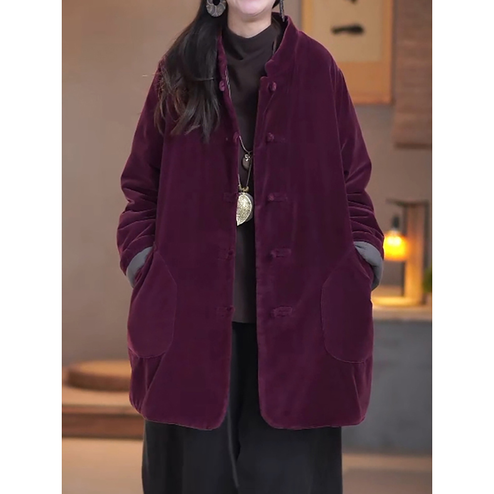 新中式百搭轻奢洋气质休闲宽松遮肉纯色中长款立领棉服2025冬新