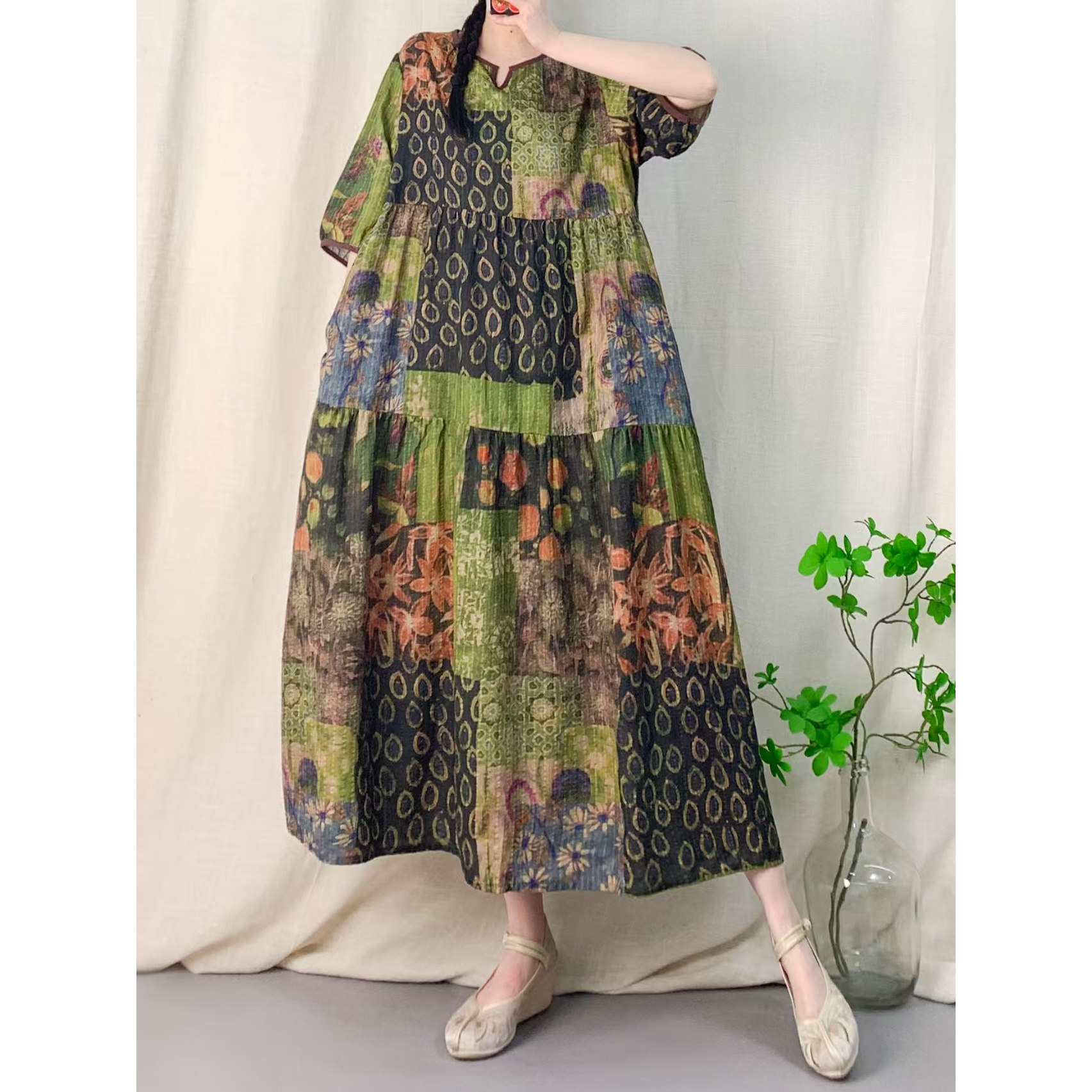 5189夏季新款显瘦气质时尚女百搭休闲文艺复古印花洋气宽松连衣裙