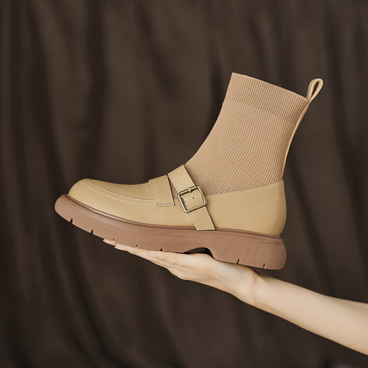 软底厚底瘦瘦靴休闲2025秋冬绒里弹力袜靴杏色圆头百搭舒适暴走靴