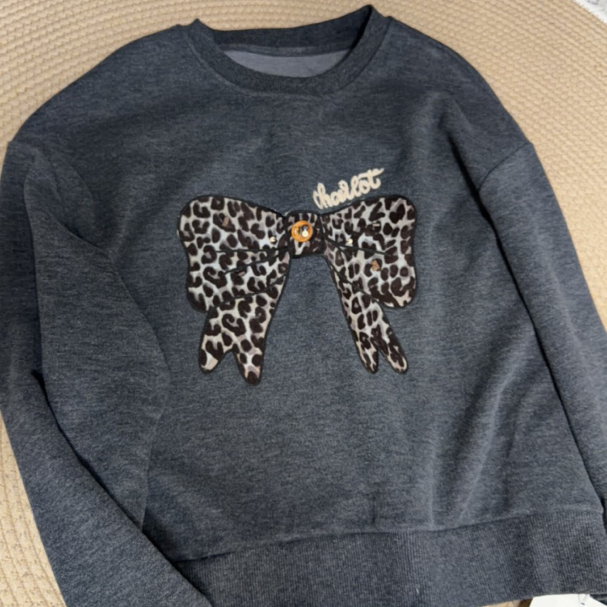 秋冬时尚豹纹卫衣蝴蝶结长袖均码休闲圆领 磨毛